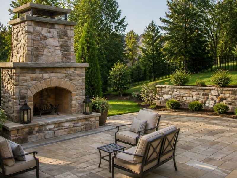 Freestanding stone outdoor fireplace beside a separate retaining wall and patio seating in Madison, Alabama