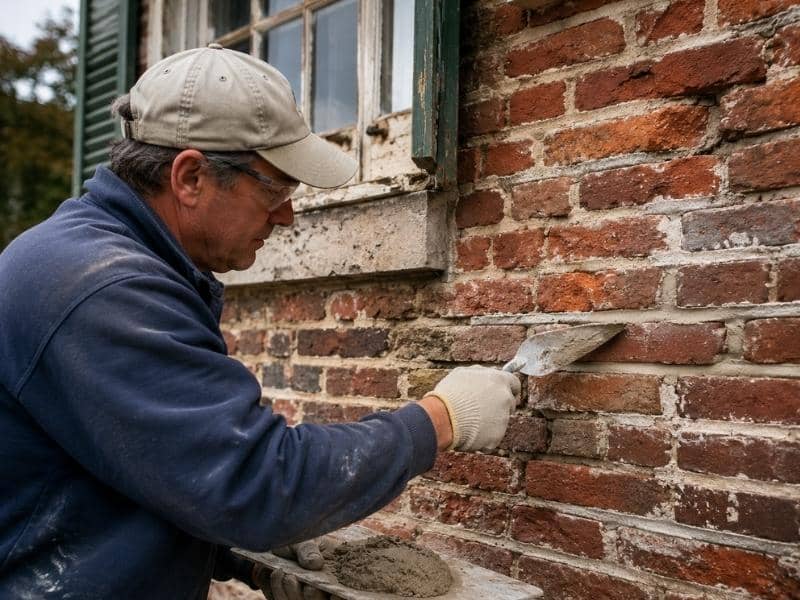 Brick mason applying mortar while repointing an older brick wall during historic brickwork repair.