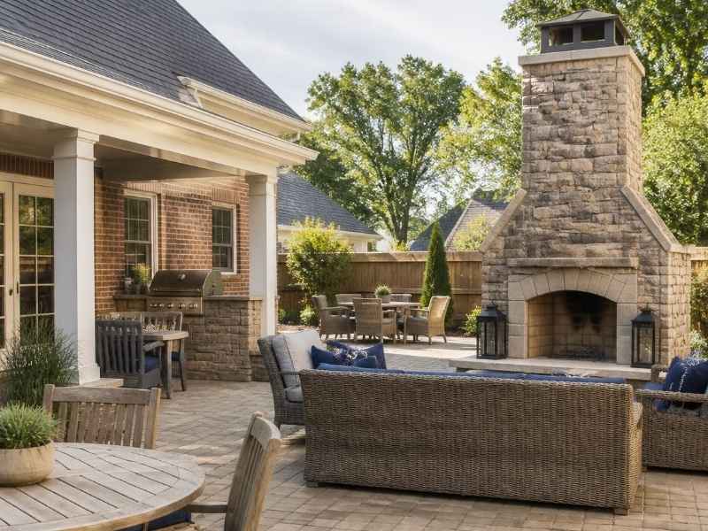 Outdoor stone fireplace with multiple patio seating areas in a residential backyard in Madison, Alabama.