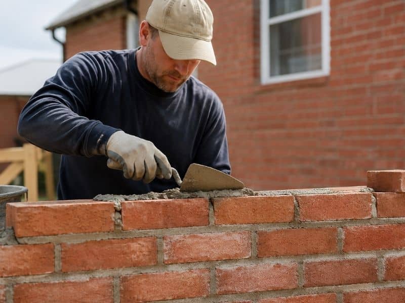 Professional brick mason laying bricks and applying mortar during a residential home construction project