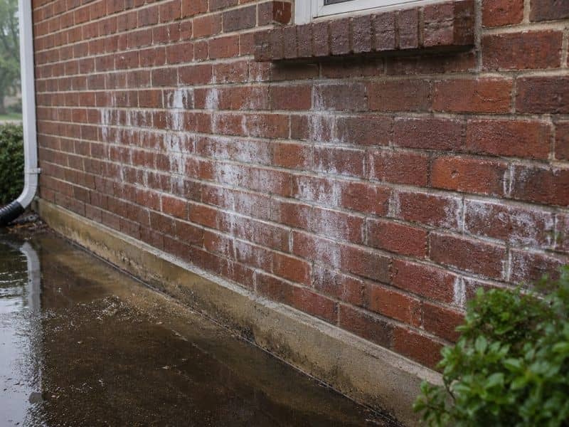 Wet brick home exterior after heavy rain showing white stains, moisture buildup, and water pooling near the foundation