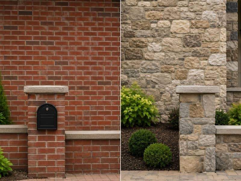 Modern home exterior showing brick masonry on one side and natural stone masonry on the other with landscaping and walkway