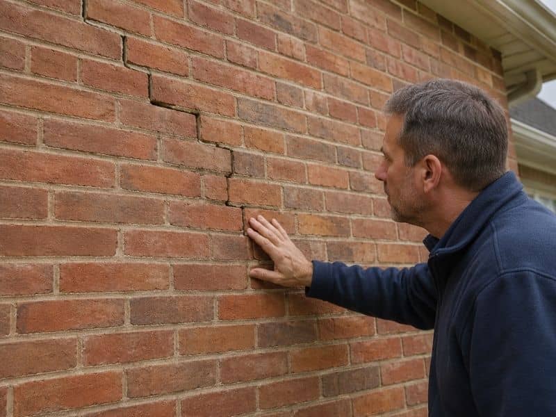 Homeowner checking an exterior brick wall with small cracks and early signs of brick damage