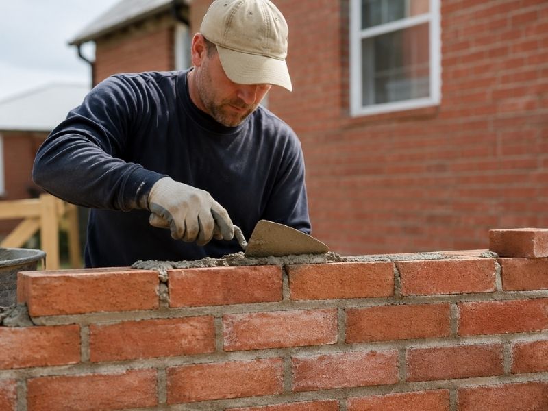 Mason repairing a residential brick wall by applying fresh mortar during brick repair and restoration work