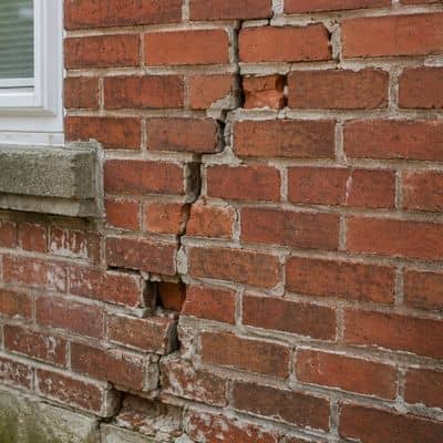 Exterior brick wall with cracked bricks and deteriorating mortar showing signs that masonry repair may be needed