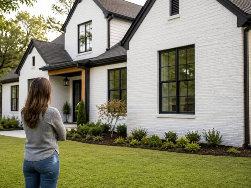 Homeowner standing outside a painted brick house while considering an exterior update