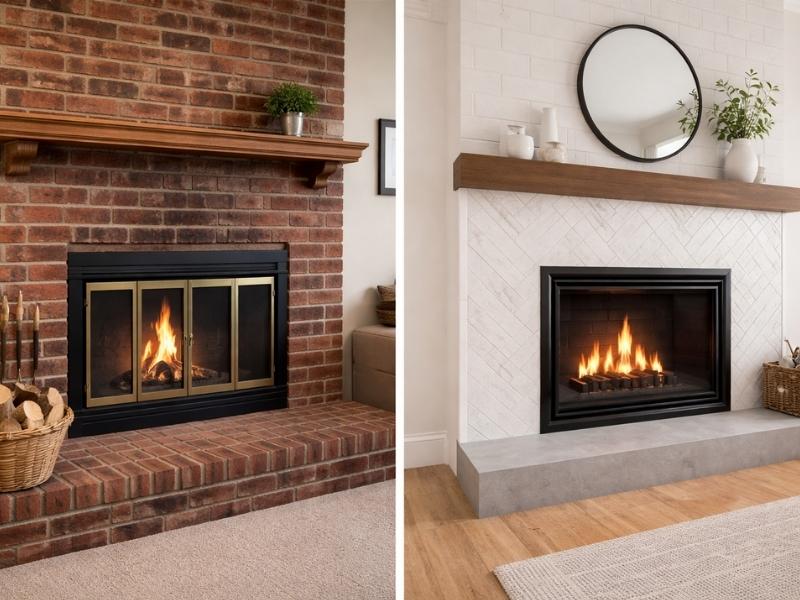 Indoor brick fireplace and stone fireplace comparison showing different styles and design options for residential homes
