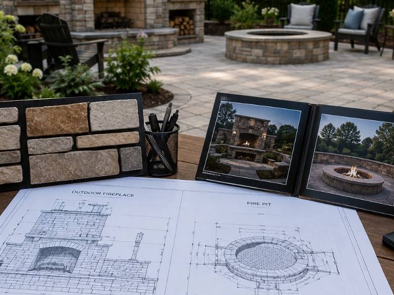 Outdoor fireplace planning layout with stone samples, design plans, and a completed backyard masonry fireplace and fire pit area