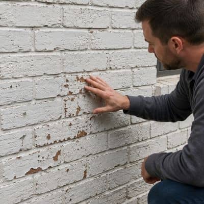 Homeowner closely inspecting a painted brick wall to check its condition and long-term maintenance needs