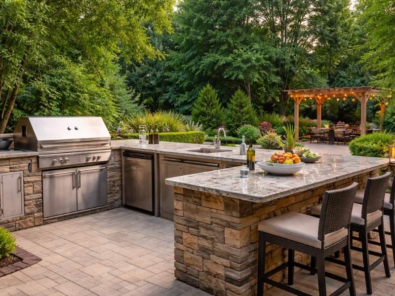 Stone patio with an outdoor kitchen, seating area, and backyard entertainment space surrounded by landscaping