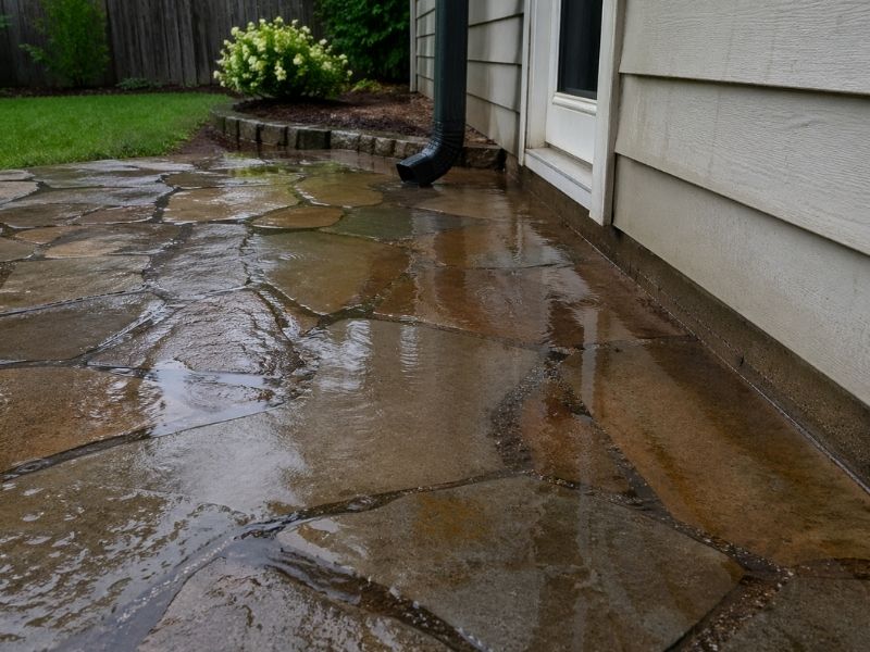 Wet natural stone pavers beside a home showing water runoff and drainage after heavy rain