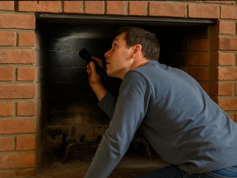 Homeowner inspecting a brick fireplace for cracks and masonry damage.