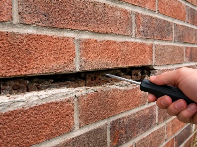 Close-up of deteriorating mortar joints in a brick masonry wall being inspected for damage and maintenance needs.