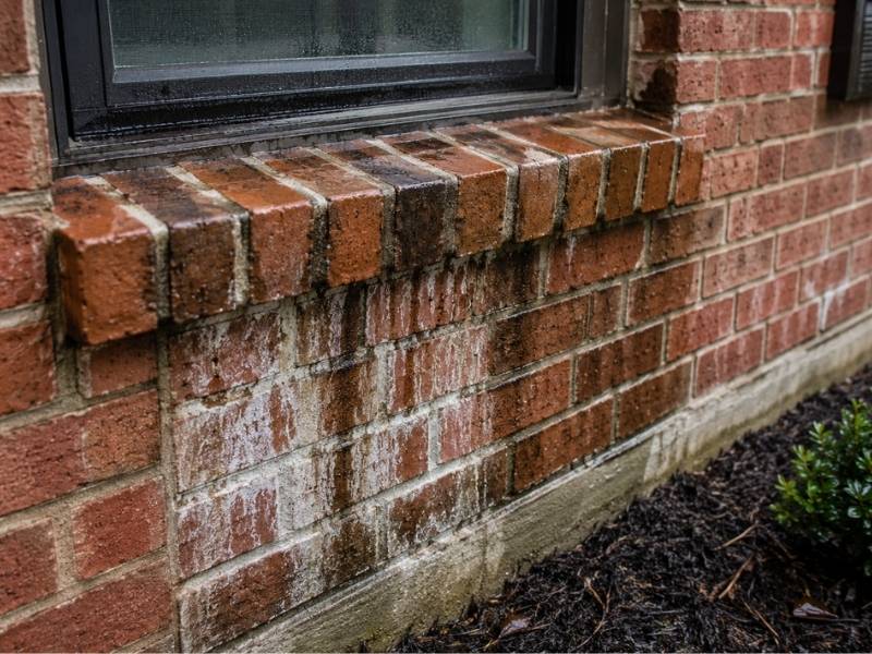 Brick window sill showing moisture staining and water damage caused by poor drainage and improper flashing details