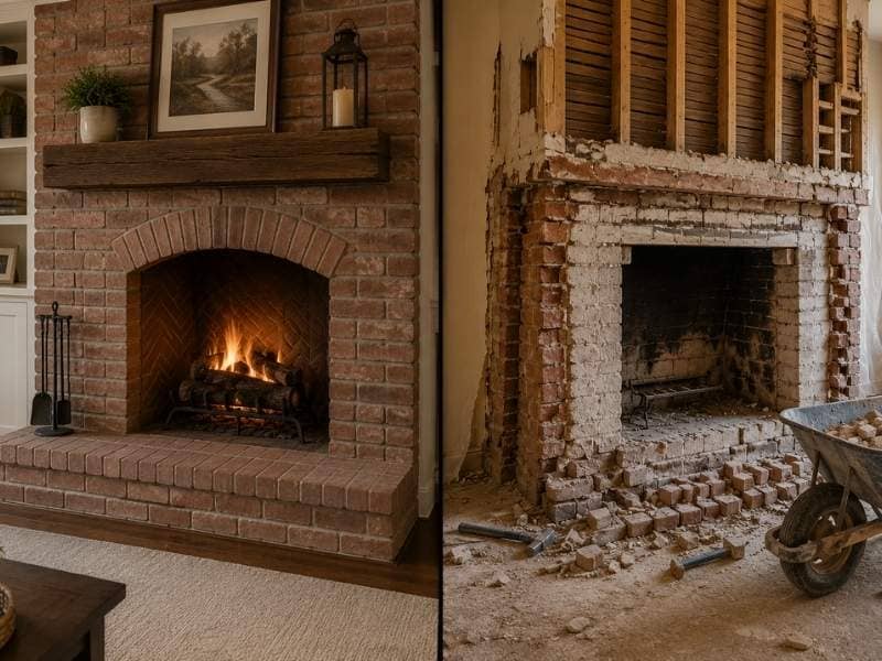 Fireplace repair compared with a full fireplace rebuild, showing minor masonry damage on one side and severe structural damage on the other.