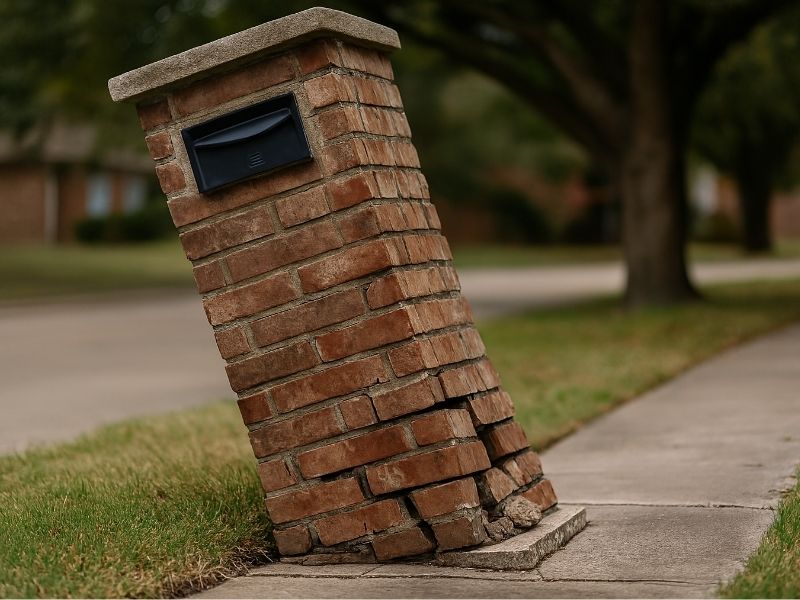 Leaning brick mailbox with visible foundation movement and shifting bricks near a residential sidewalk
