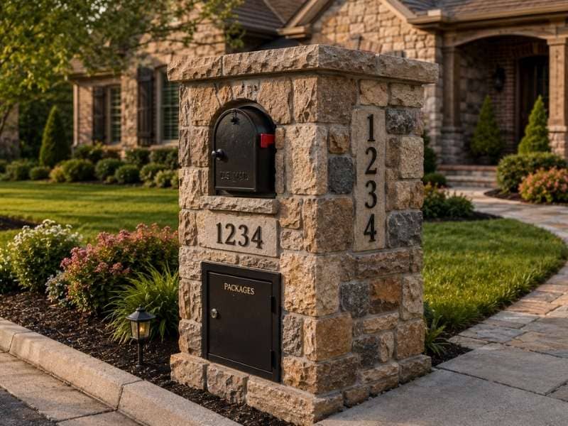 Stone mailbox with natural stone, oversized mailbox insert, package compartment, and visible house numbers built for lasting durability.