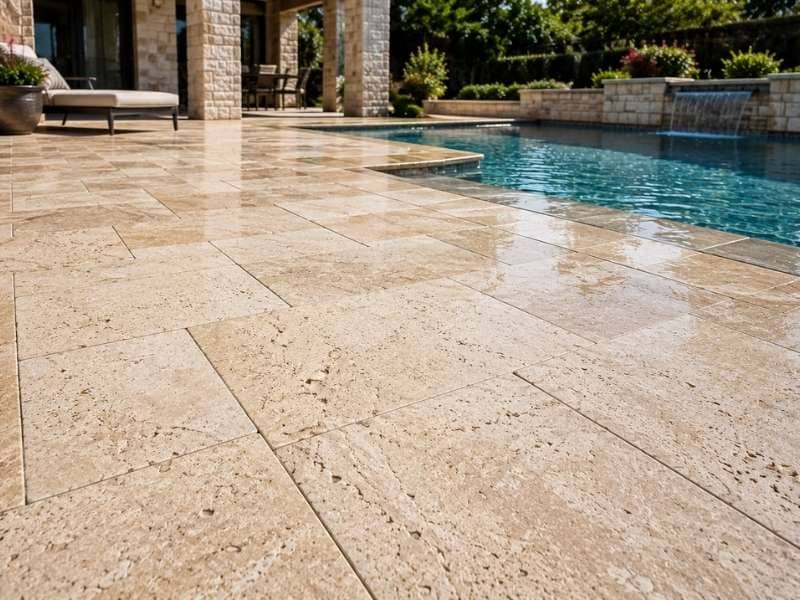 Stone pavers around a pool deck with a light-colored textured surface designed for durability, slip resistance, and long-lasting performance.