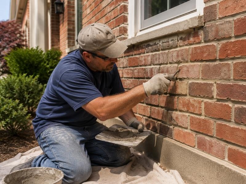 Mason repointing deteriorated brick mortar joints on a residential home before listing the property for sale