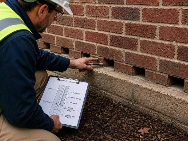 Engineer checking weep holes at the base of a brick wall to ensure proper water drainage.