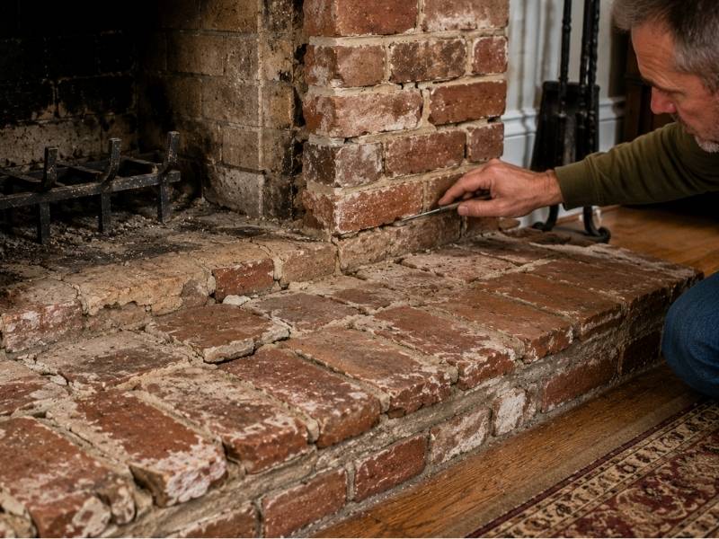 Homeowner inspecting an aging brick hearth with crumbling mortar and worn bricks in an older home in Madison, Alabama.