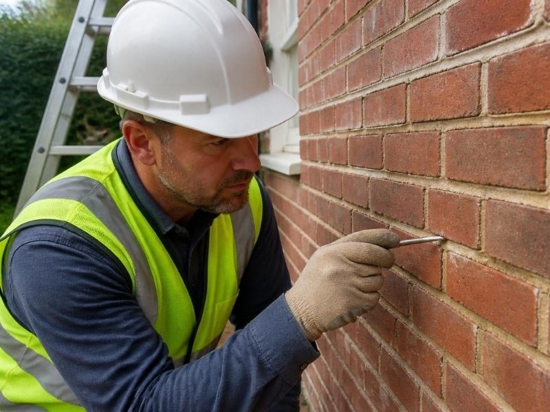 Professional brick mason inspecting mortar joints on a brick home in Madison, Alabama before recommending masonry repairs.