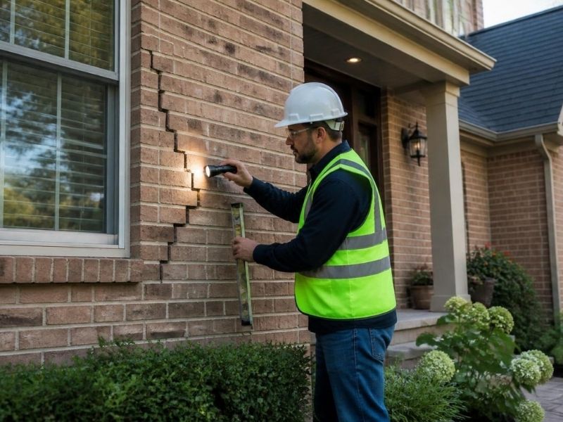 Professional brick mason inspecting stair-step cracks around a window on a brick home in Madison, Alabama to identify the cause before repair.