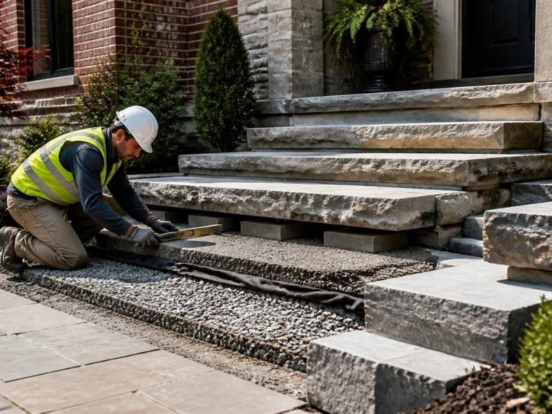 Professional stone mason installing natural stone entry steps with a properly prepared foundation at a home in Madison, Alabama.