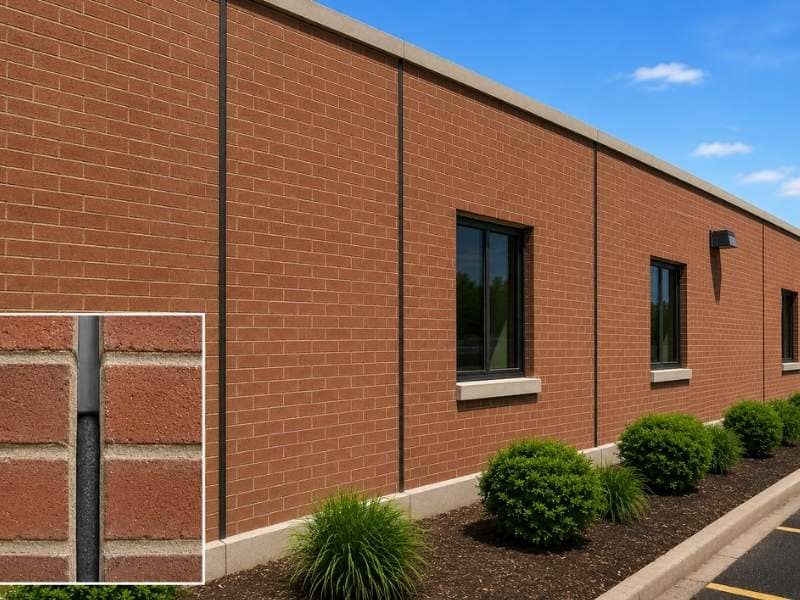 Brick masonry control joints shown along a long exterior brick wall to accommodate movement and help prevent random cracking.