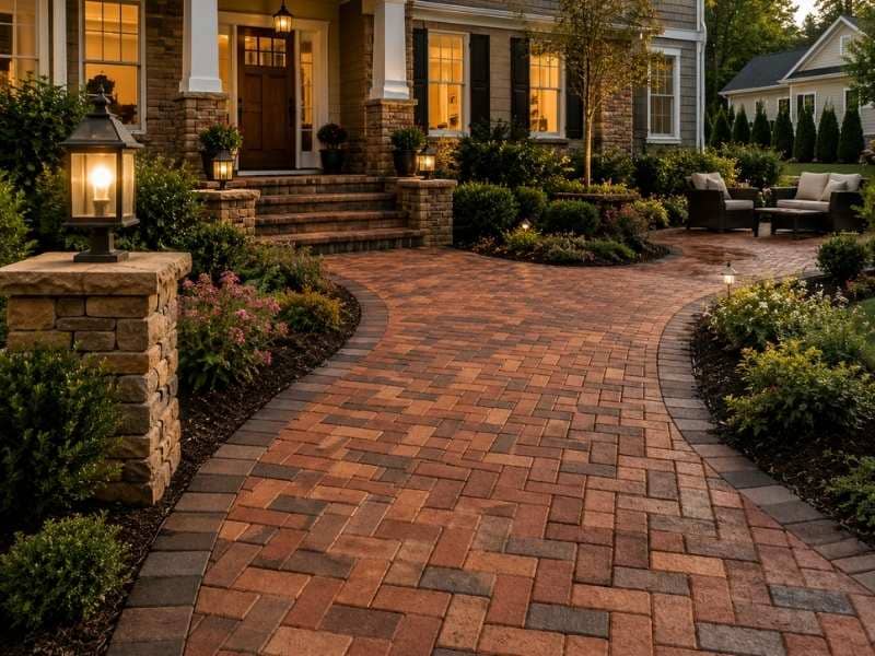 Brick pavers installed in a herringbone pattern creating a durable walkway and entryway with enhanced curb appeal