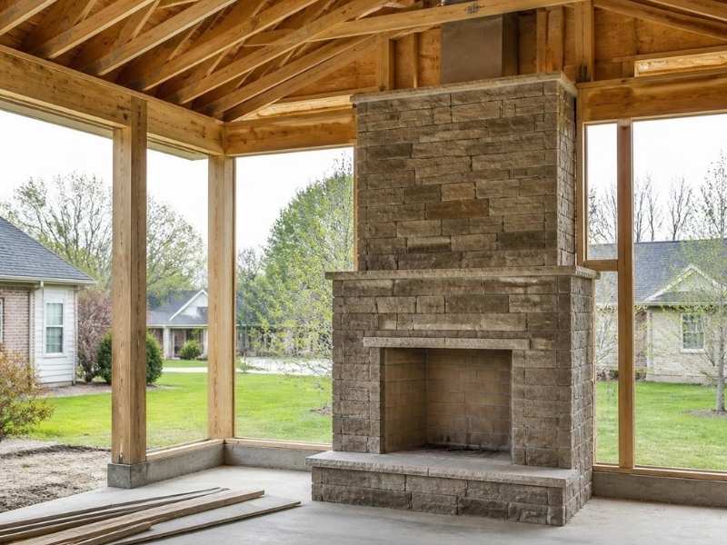 Outdoor stone fireplace installation beneath a covered patio in Madison, Alabama.
