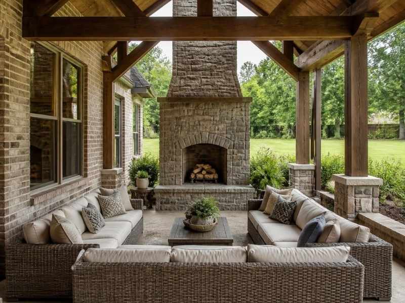 Stone outdoor fireplace fitted into a covered patio layout in Madison, Alabama.
