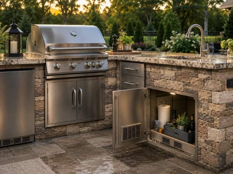 Outdoor kitchen masonry surrounding a built-in grill, stainless steel appliances, countertops, and ventilated storage areas.