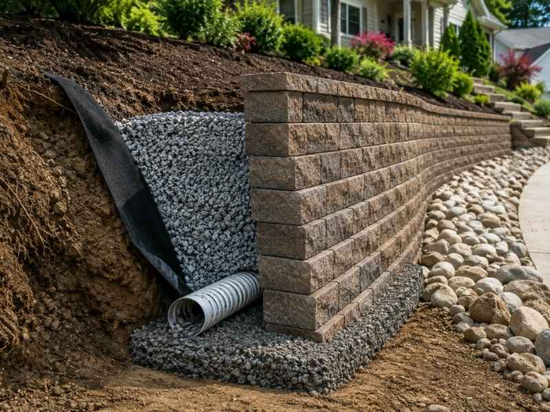 Retaining wall showing proper drainage, gravel backfill, and a perforated drain pipe for long-term stability