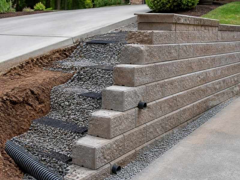 Concrete block retaining wall reinforcement with gravel backfill and drainage pipes beside a driveway in Madison, Alabama.