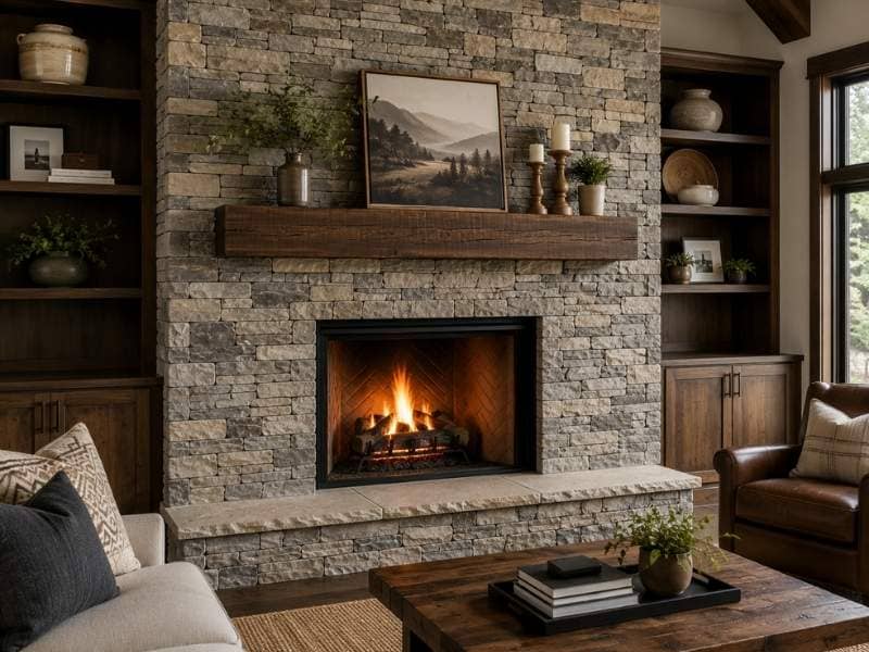 Stone fireplace with a full height stacked stone surround and reclaimed wood mantel in a modern living room
