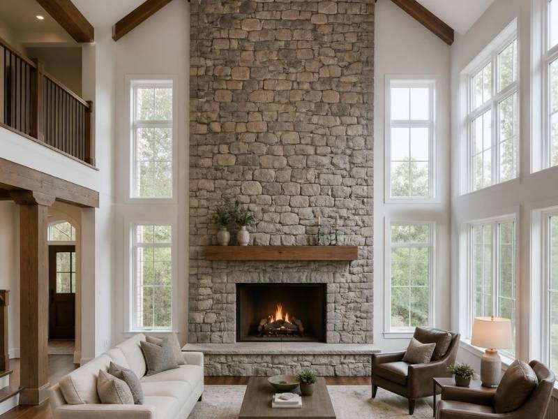 Full-height stone fireplace in a two-story living room in Madison, Alabama.