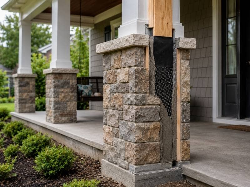 Stone masonry around a covered porch column showing the structural post, moisture barrier, metal lath, mortar, and stone veneer base.
