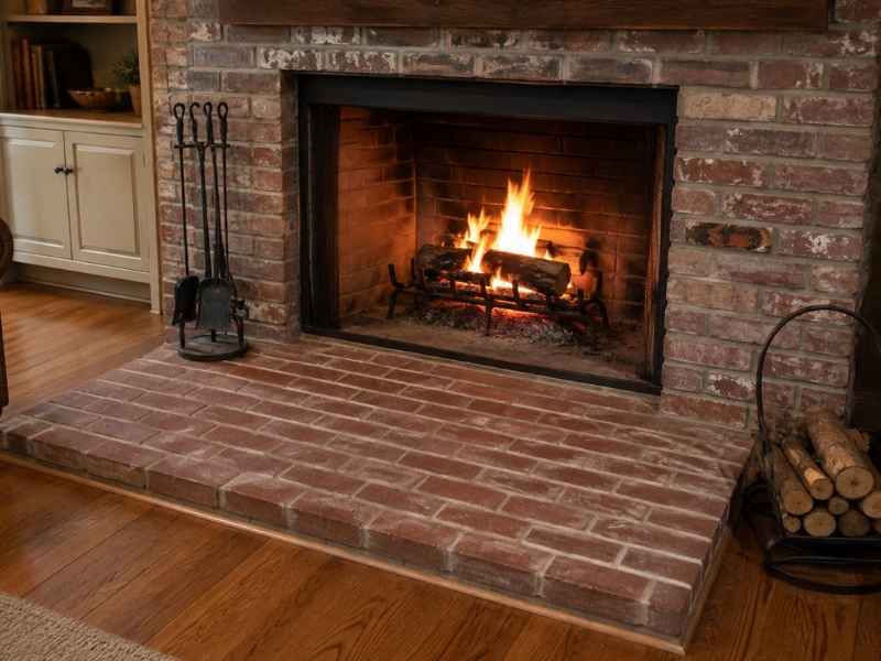 Brick hearth extension in Madison Alabama protecting wood flooring in front of a wood burning fireplace.
