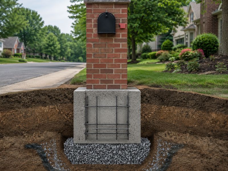 Brick mailbox foundation installation showing reinforced concrete footing and stable base in madison alabama
