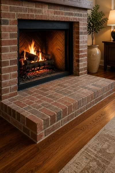 Brick materials in Madison Alabama protecting wood flooring from sparks and heat near a wood burning fireplace.