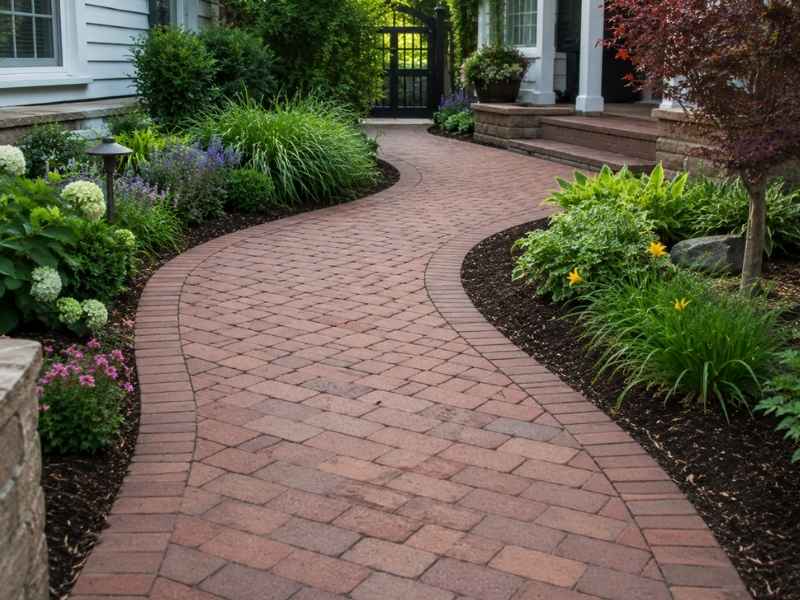Curved brick walkway bordered by flower beds leading to a gated entrance at a house, with lush greenery along the sides.