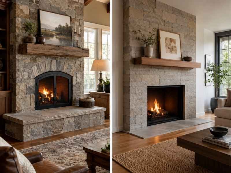 Split image of two stone fireplaces in living rooms: left with an arched glass door, rustic wooden mantel, and a landscape painting; right with a rectangular firebox and a simple mantel.