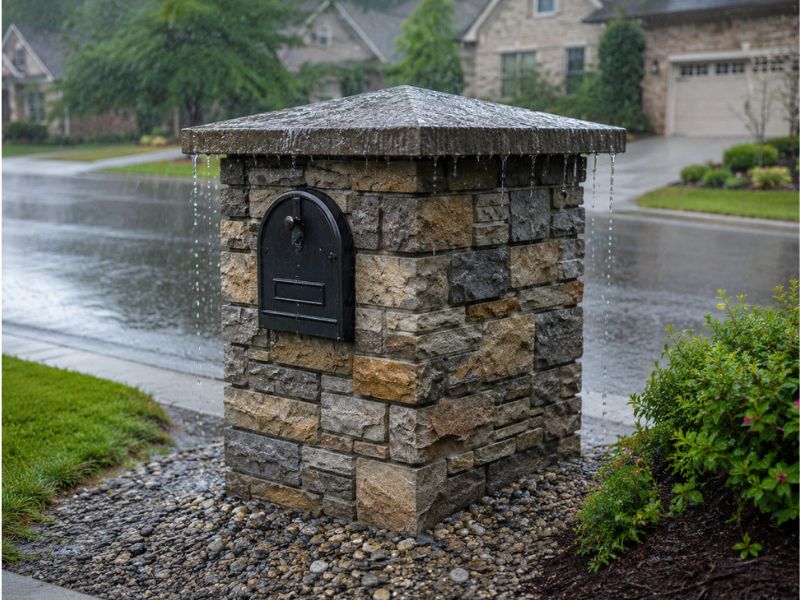 Stone mailbox with protective cap and proper drainage details in madison alabama

