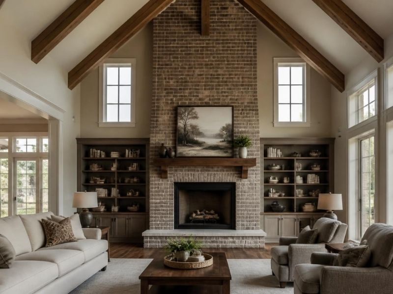 Full-height brick fireplace centered beneath a tall vaulted ceiling in a living room in Madison, AL.