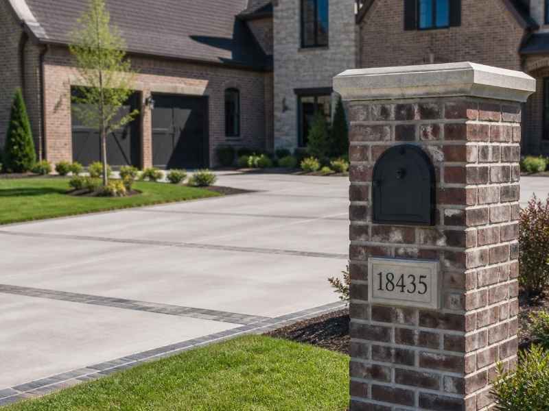 Masonry mailbox beside a double wide driveway entrance in Madison AL showing brick construction, address detail, and planned residential placement